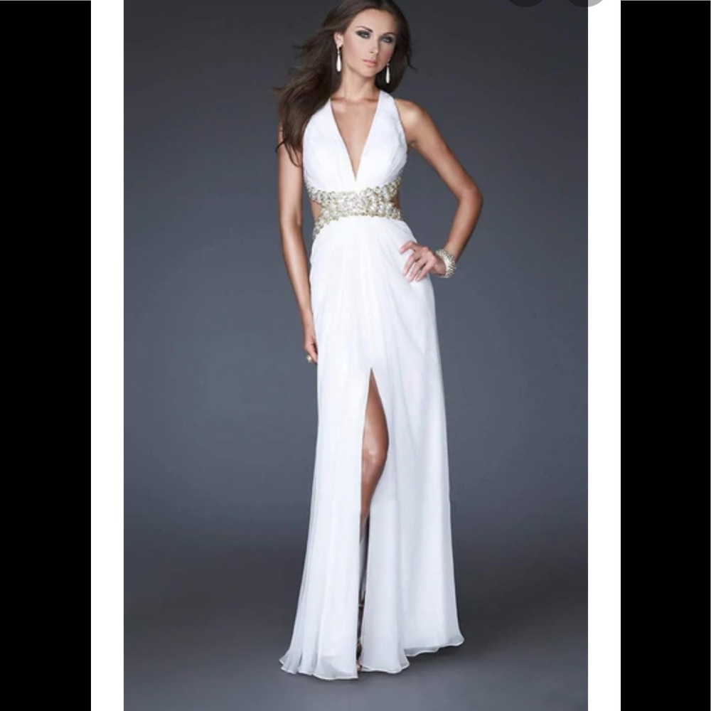 La Femme Gold Strap Crisscross Back Halter Style Evening Gown